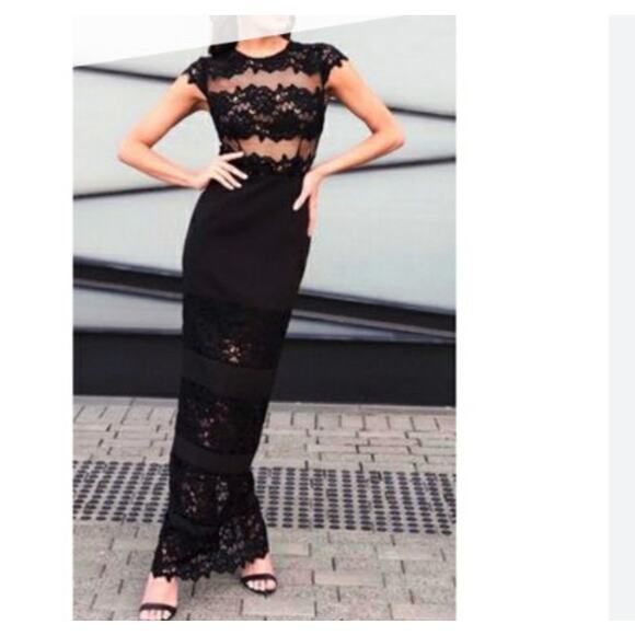 Bronx & Banco black lace cap sleeve long cocktail dress...